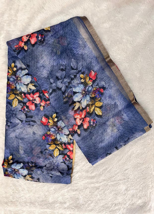 Handloom Floral Linen Soft Silk Cotton Saree - LTS105 Denim Blue