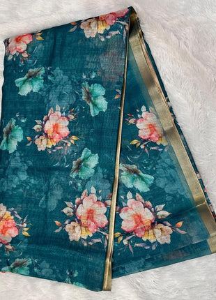 Handloom Floral Linen Soft Silk Cotton Saree - LTS107 Aqua Green