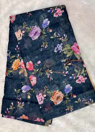 Handloom Floral Linen Soft Silk Cotton Saree - LTS109 Charcoal Grey