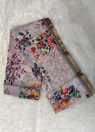 Handloom Floral Linen Soft Silk Cotton Saree - LTS111 Lavender Grey