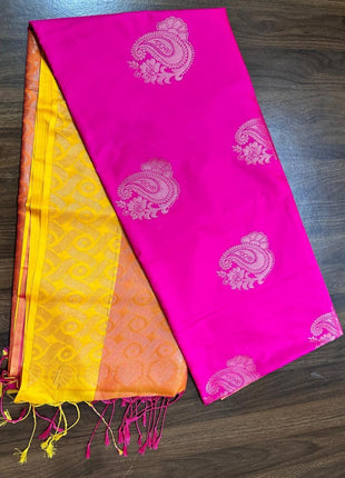 Fancy Soft Silk Bhutta Saree - LTS21 Pink & Light Yellow
