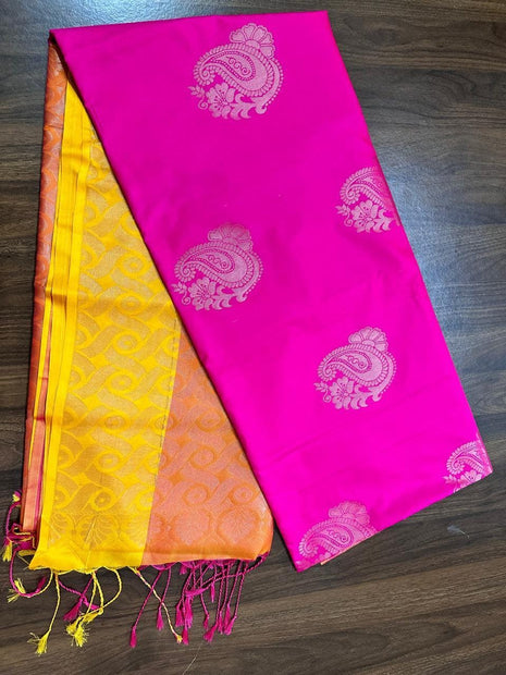 Fancy Soft Silk Bhutta Saree - LTS21 Pink & Light Yellow