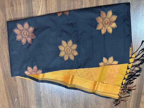Fancy Soft Silk Bhutta Saree - LTS32 Black & Mustard Yellow