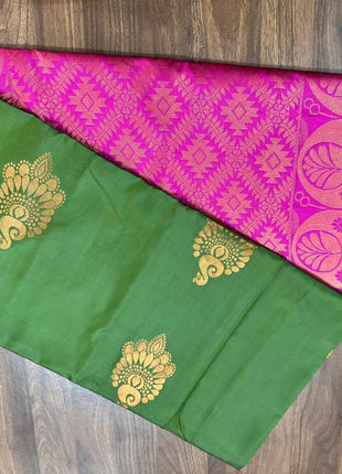 Fancy Soft Silk Bhutta Saree - LTS35 Olive Green & Rani Pink