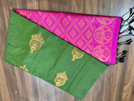 Fancy Soft Silk Bhutta Saree - LTS35 Olive Green & Rani Pink