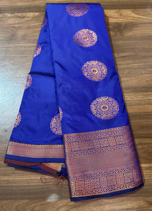 Fancy Soft Silk Bhutta Saree - Royal Blue With Copper Zari