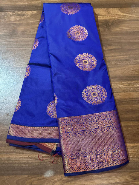 Fancy Soft Silk Bhutta Saree - Royal Blue With Copper Zari