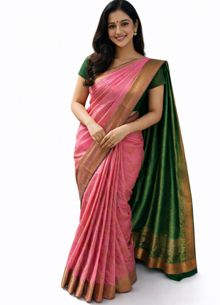 Kanchipuram Handloom Soft Silk Saree - LTS121 Pink & Green