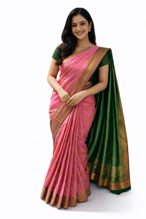 Kanchipuram Handloom Soft Silk Saree - LTS121 Pink & Green