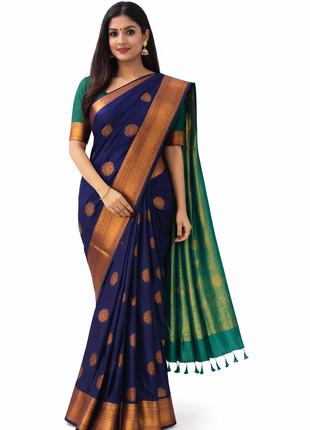 Kanchipuram Handloom Soft Silk Saree - LTS126 Dark Blue & Teal Green