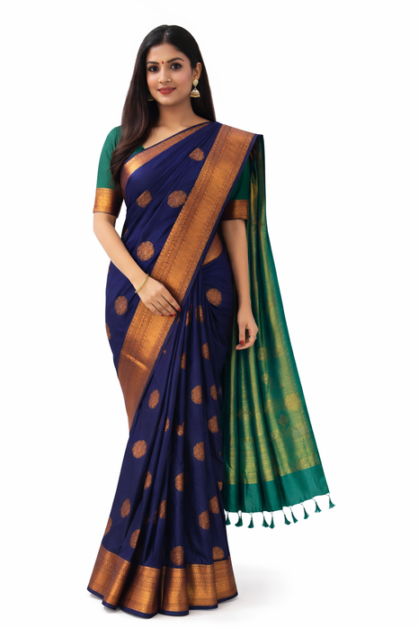 Kanchipuram Handloom Soft Silk Saree - LTS126 Dark Blue & Teal Green