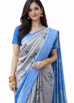 Elite Kupera Korvai Elite Bridal Rapier Fancy Lightweight Silk Sarees - LTS93 Grey & Royal Blue