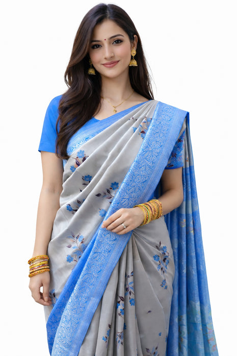 Elite Kupera Korvai Elite Bridal Rapier Fancy Lightweight Silk Sarees - LTS93 Grey & Royal Blue