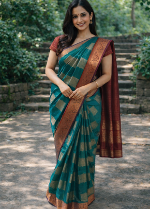 Kanchipuram Handloom Soft Silk Saree - LTS118 Peacock Blue & Maroon