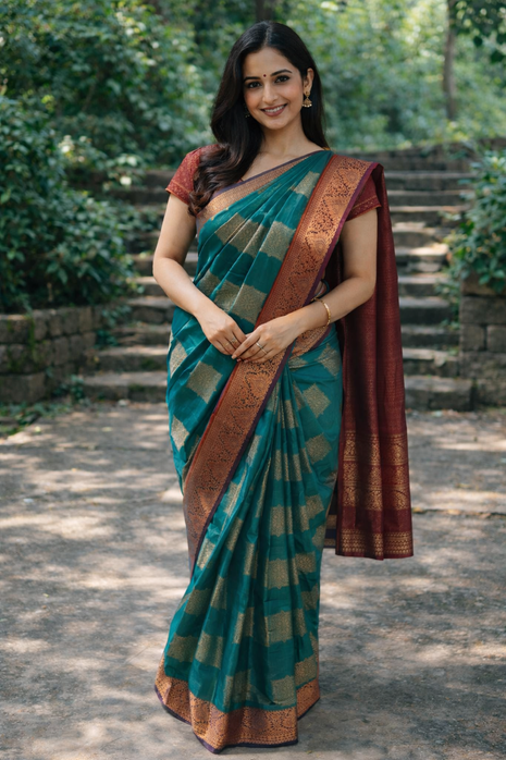 Kanchipuram Handloom Soft Silk Saree - LTS118 Peacock Blue & Maroon